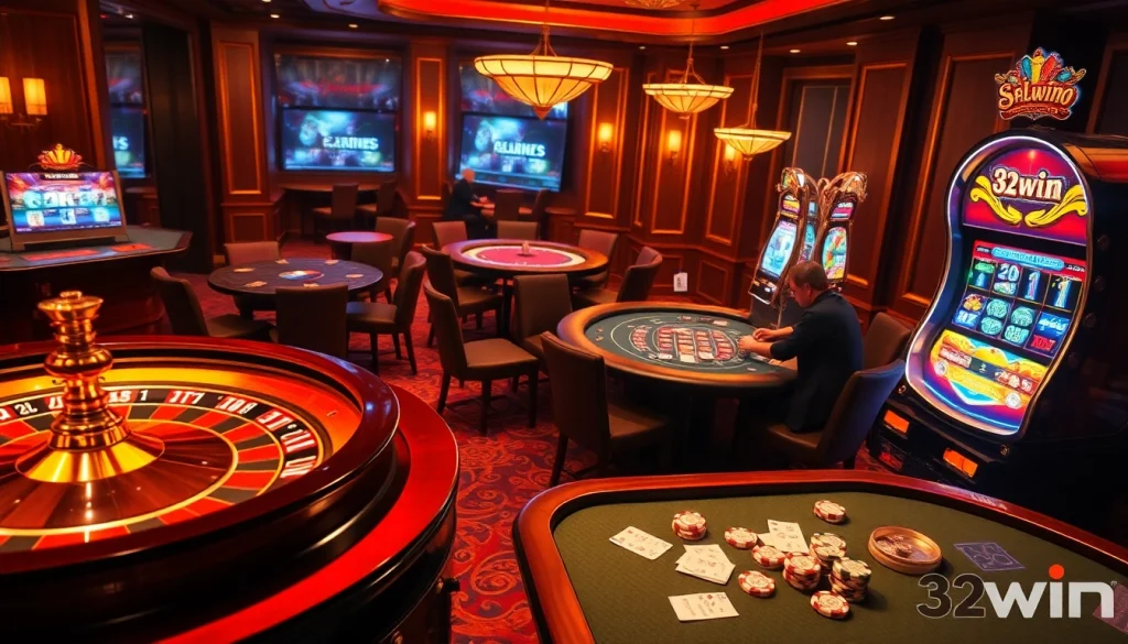 Experience the thrill of online gambling at 32win with an exciting casino scene featuring roulette and poker.