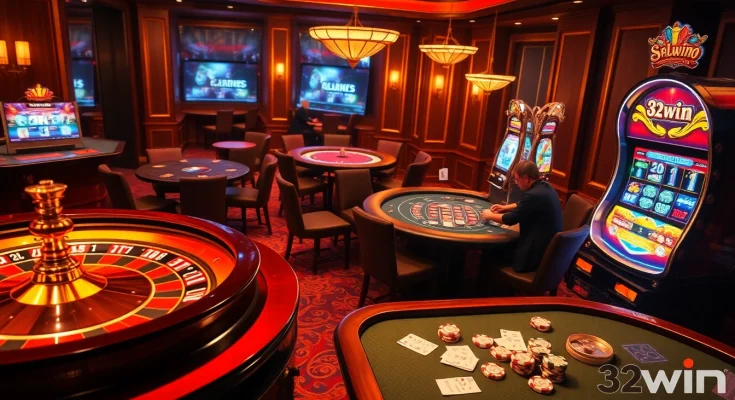 Experience the thrill of online gambling at 32win with an exciting casino scene featuring roulette and poker.