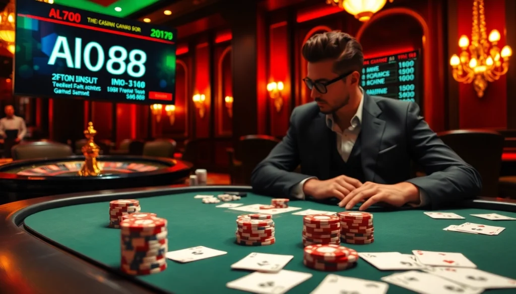 Engaging poker scene capturing the thrill of Alo789 Com with vibrant colors and high-stakes atmosphere.
