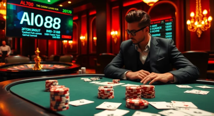 Engaging poker scene capturing the thrill of Alo789 Com with vibrant colors and high-stakes atmosphere.