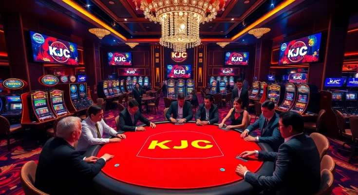 KJC poker players strategizing around a luxurious table in an elegant casino setting.