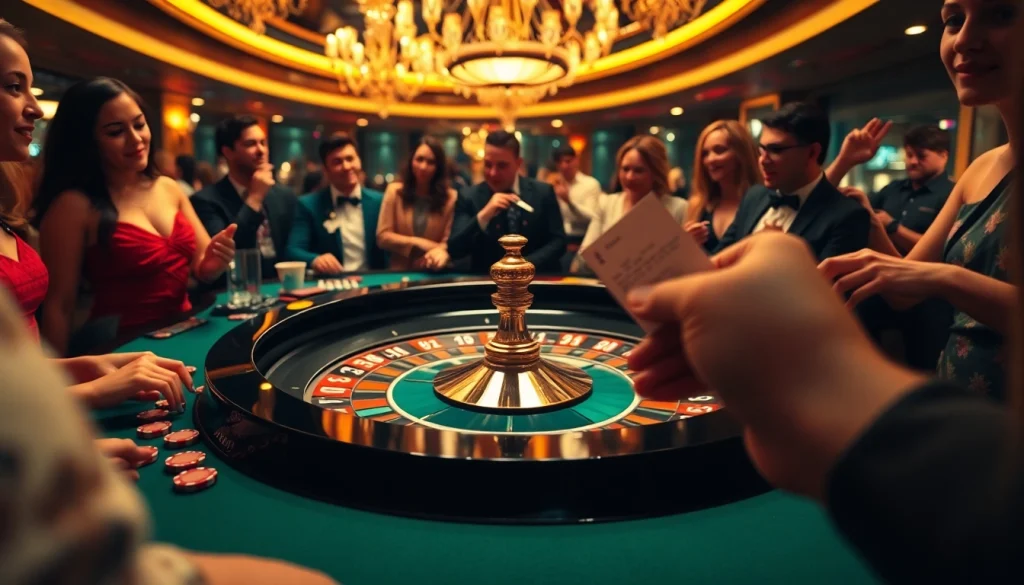 Winning at MMOO's luxury casino with vibrant roulette and excited players.