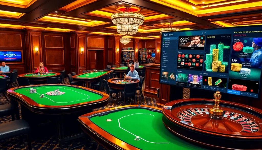 Players enjoying QQ88 casino games with vibrant poker chips and a roulette wheel.