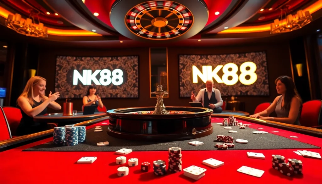 Experience thrilling games at NK88's luxury casino with poker, roulette, and vibrant players.