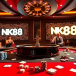 Experience thrilling games at NK88's luxury casino with poker, roulette, and vibrant players.