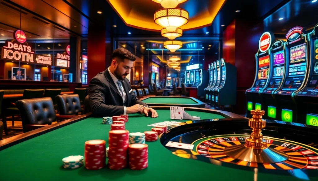 Expert gambler calculating wagers at https://hm88.cafe/ poker table with vibrant chips and roulette wheel