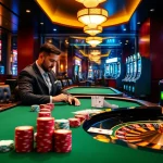 Expert gambler calculating wagers at https://hm88.cafe/ poker table with vibrant chips and roulette wheel