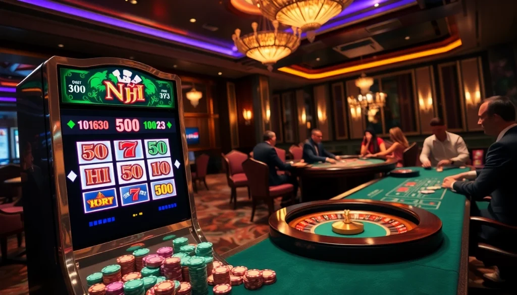 Nổ Hũ slot machine at a luxurious casino surrounded by excited players and colorful poker chips.