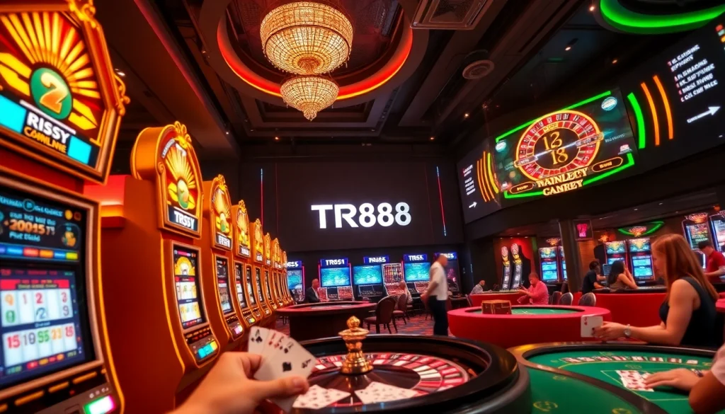 Exciting gambling experience at TR88 with vibrant slot machines and poker tables in action.