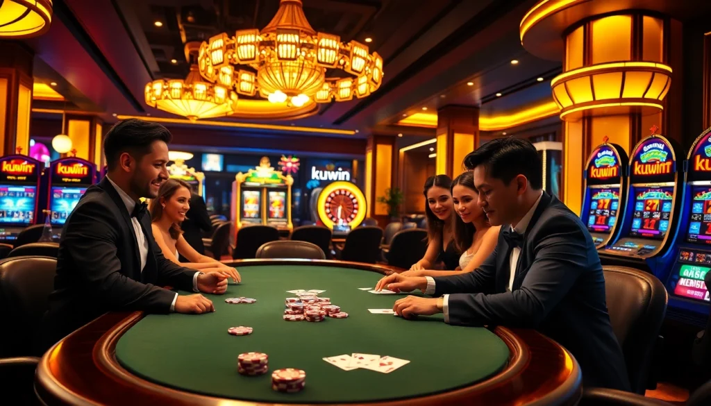 Kuwin chips and cards amid an exciting casino gaming scene, highlighting high stakes and luxury.