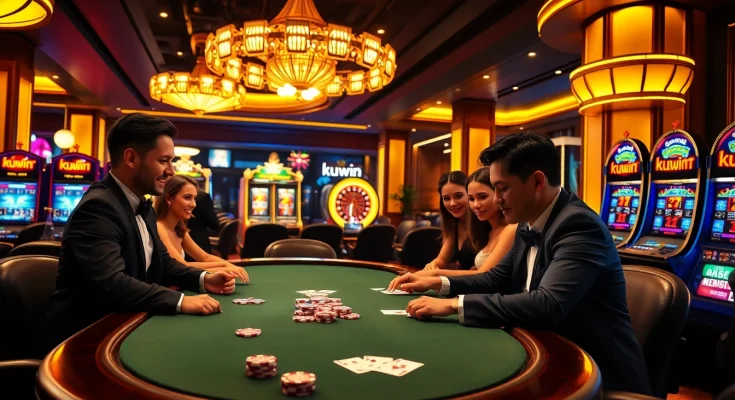 Kuwin chips and cards amid an exciting casino gaming scene, highlighting high stakes and luxury.