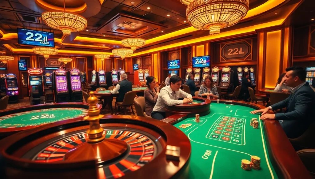 Players enjoying table games at the 22jl club with vibrant casino elements and a luxurious atmosphere.