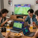 Excited friends analyzing nk88 betting odds in a lively home setting.