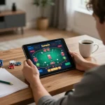 Player enjoying Sunwin poker game on tablet at home desk with strategic notes and coffee