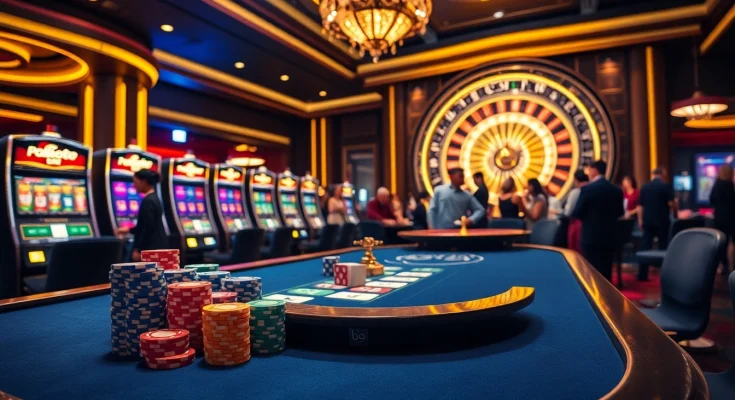Exciting gaming action at b29 casino with vibrant poker table and roulette wheel.