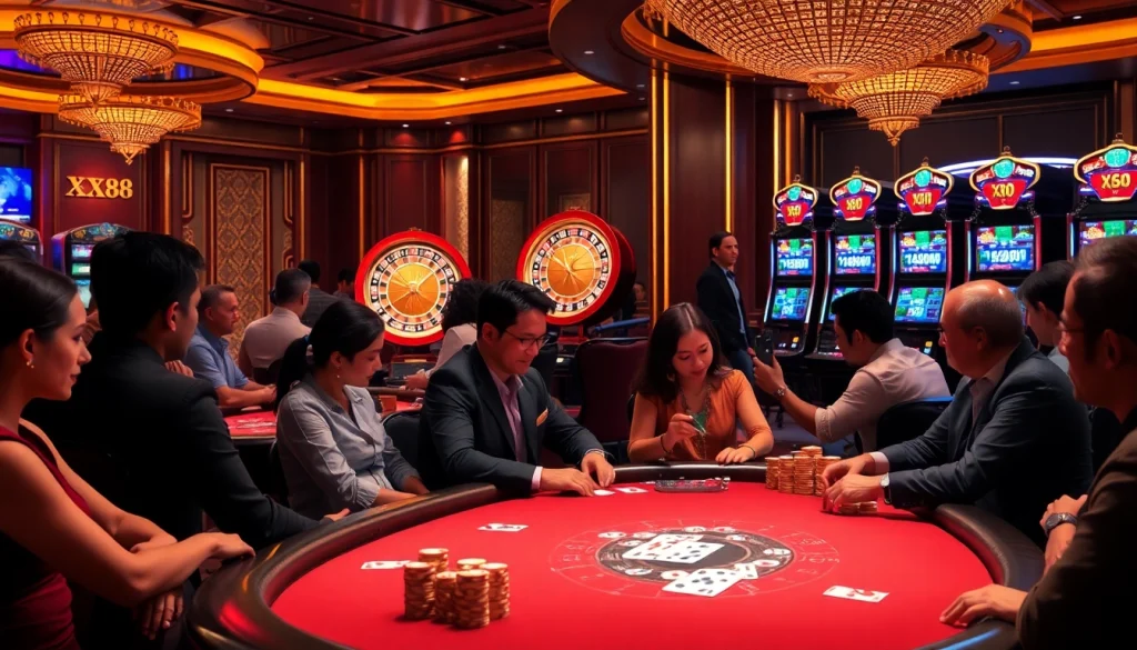 Players engaging intensely in poker at a casino featuring XX88 elements, showcasing chips and cards.