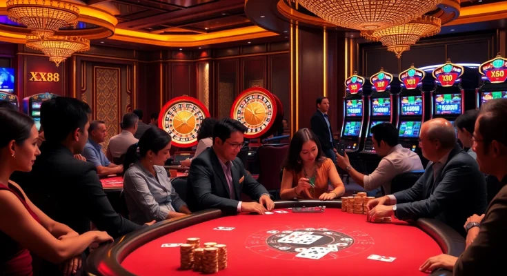 Players engaging intensely in poker at a casino featuring XX88 elements, showcasing chips and cards.