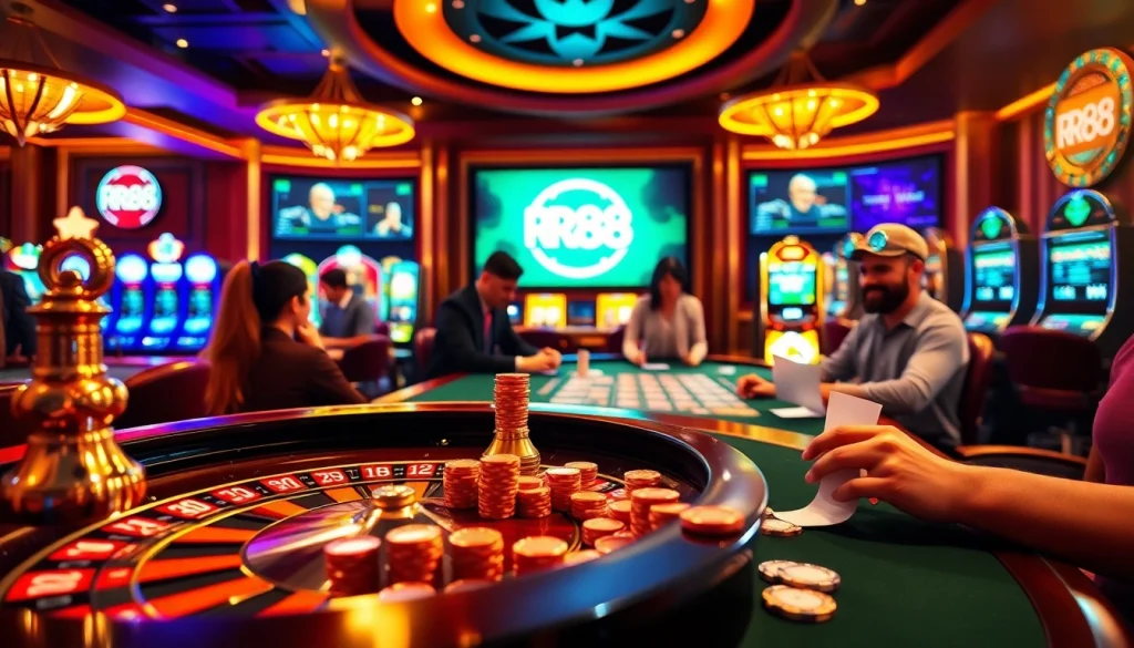 Gambling excitement at https://rr88.pizza/ with players engaging at a vibrant roulette wheel and poker tables.