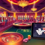 Experience thrilling gameplay at https://luck88.games/ with a vibrant casino scene featuring roulette and slot machines.