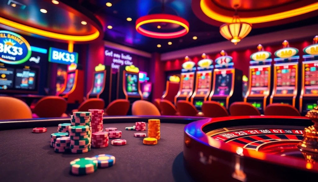 Experience the excitement at BK33 with dynamic poker chips, dice, and modern gaming interfaces.