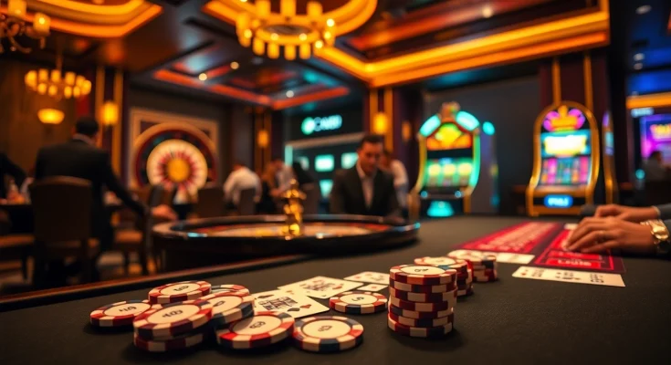 Action-packed casino scene featuring LC88 poker chips and tables in a luxury setting.