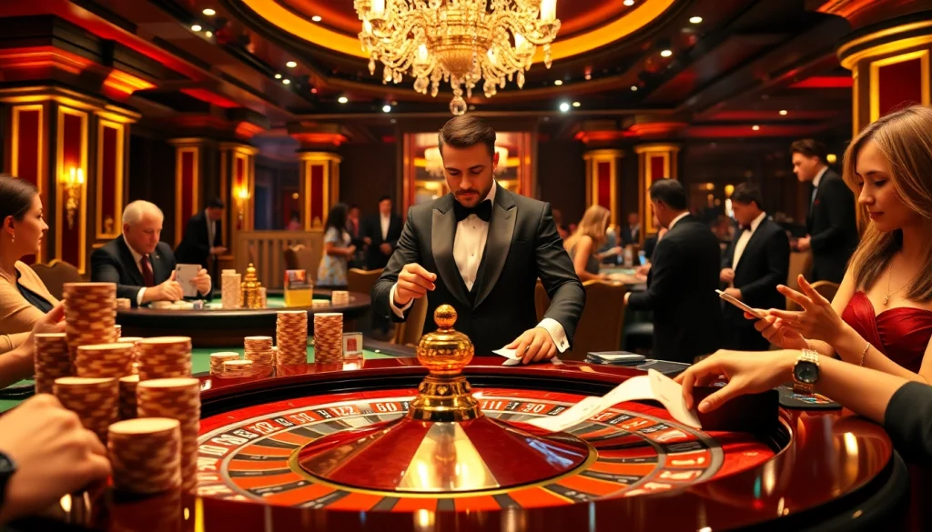 Experience high-stakes gambling action at okwin with vibrant roulette and poker tables.