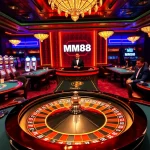 MM88 roulette wheel surrounded by engaged players at an upscale casino.