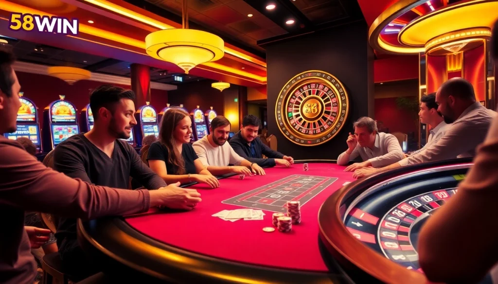 Players celebrate wins at a luxurious 58WIN casino poker table amidst bright slot machines.