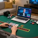 Player enjoying live dealer blackjack at 3Win on a laptop in a cozy home setting.