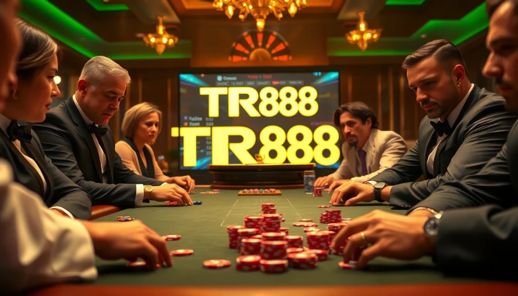 Players engage in high-stakes poker at a TR88 casino table, showcasing excitement and luxury.