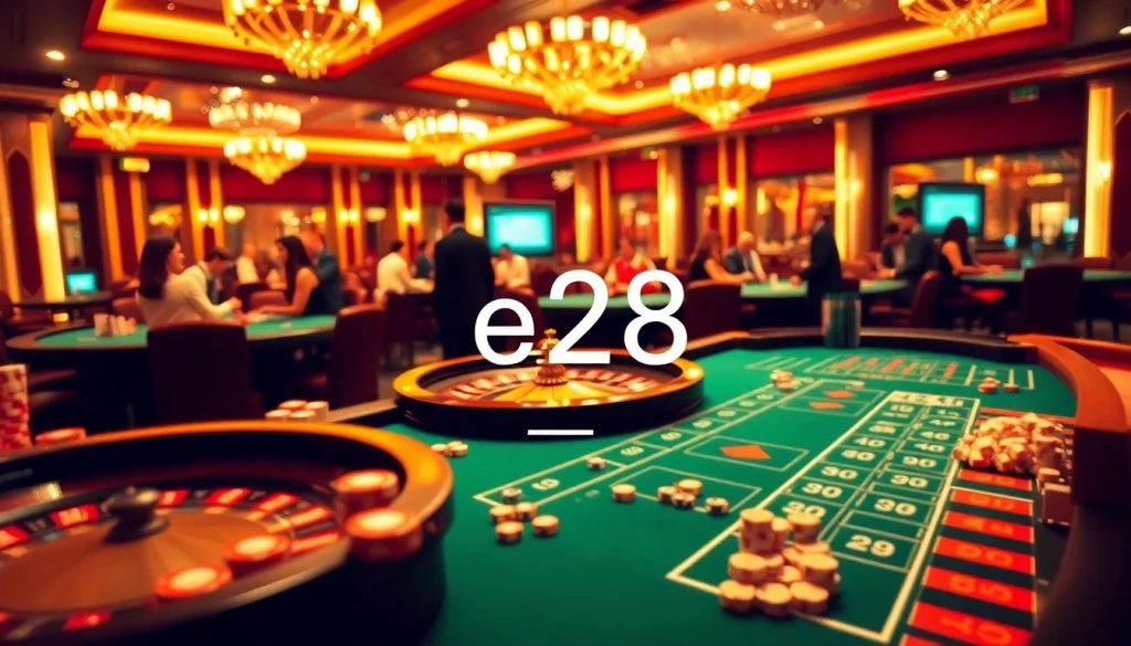 Experience thrilling gaming at e28 with vibrant casino tables and enthusiastic players.