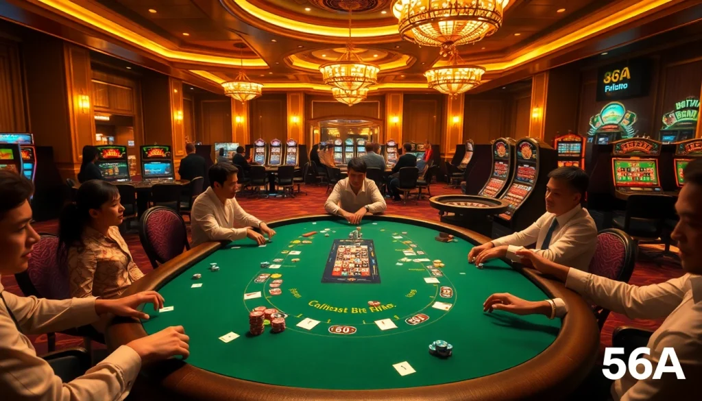 Players enjoying a thrilling poker game at 65A's luxurious casino, showcasing vibrant chips and excitement.