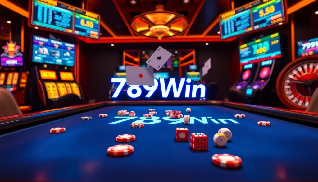 Engaging casino table action with 789Win branding showcasing poker chips, cards, and roulette gameplay
