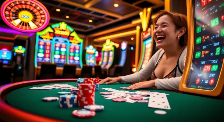Experience the excitement of xoso66 at a vibrant casino, showcasing poker tables and thrilling games.