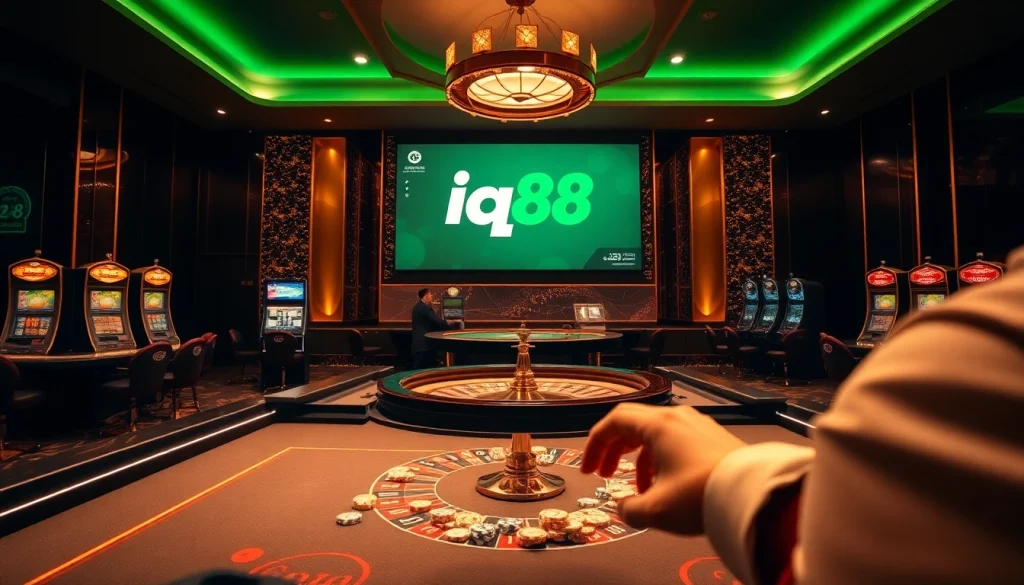Experience high-stakes gaming at iq88 casino with vibrant tables, chips, and slot machines.
