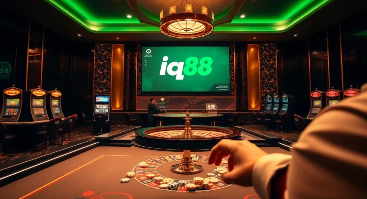 Experience high-stakes gaming at iq88 casino with vibrant tables, chips, and slot machines.