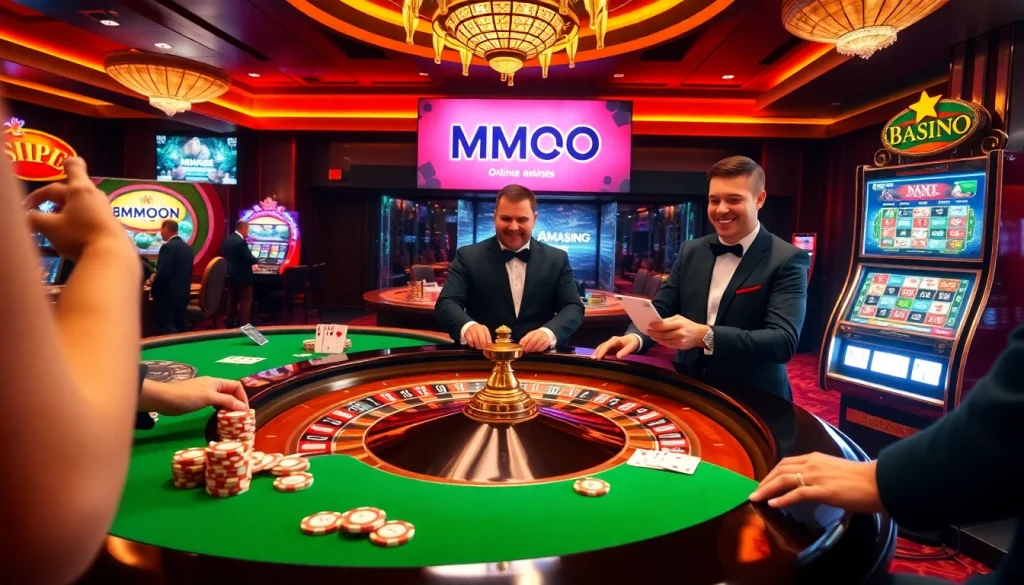 Experience the thrill of MMOO gaming at a luxurious casino table with vibrant roulette and lively players.