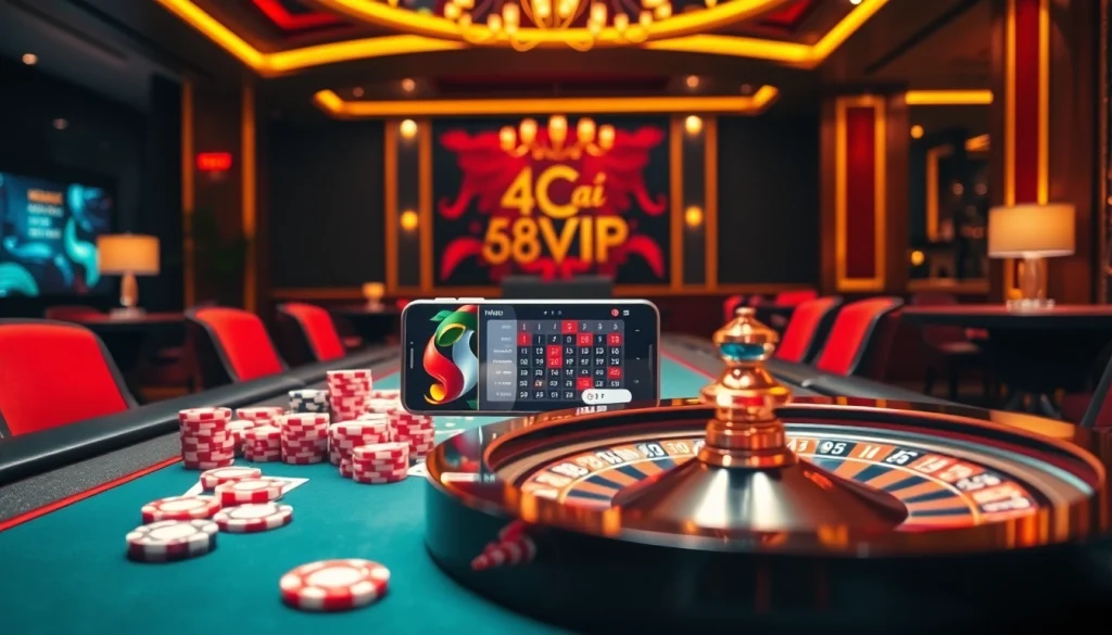 Experience the thrill at Nhà Cái 68VIP with a modern gaming table and vibrant poker chips.