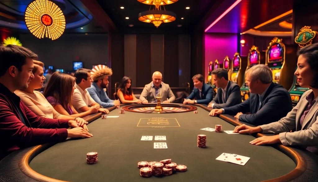 Players strategize at a poker table in a luxurious casino setting at https://tt88n0hu.com/, showcasing vibrant chips and cards.