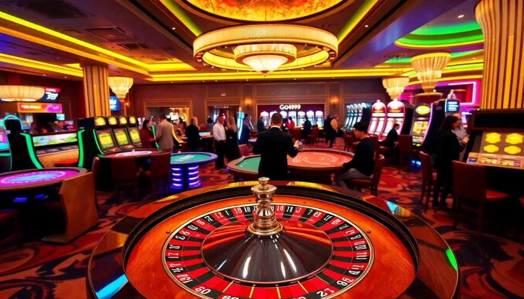 Go99 themed roulette table surrounded by excited gamblers playing various games.