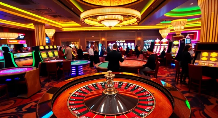 Go99 themed roulette table surrounded by excited gamblers playing various games.