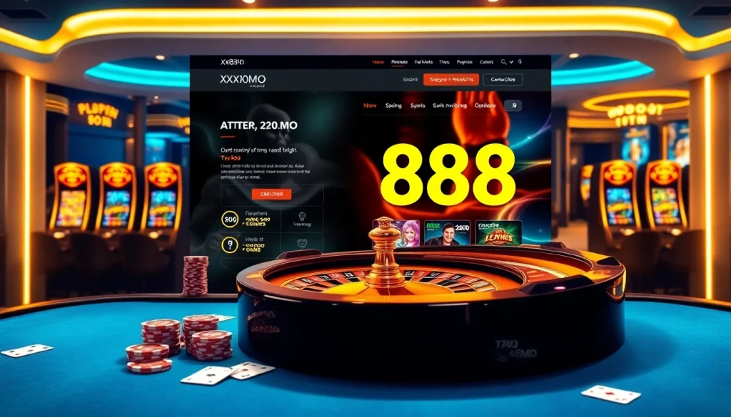Experience the thrills at https://xx88.moe/ with an elegant online casino scene showcasing vibrant tables, cards, and chips.