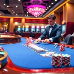 UU88 casino scene showcasing vibrant tables, cards, chips, and a roulette wheel in action.