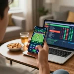 Person engaging with keonhacai betting app on smartphone during a cozy gaming session.