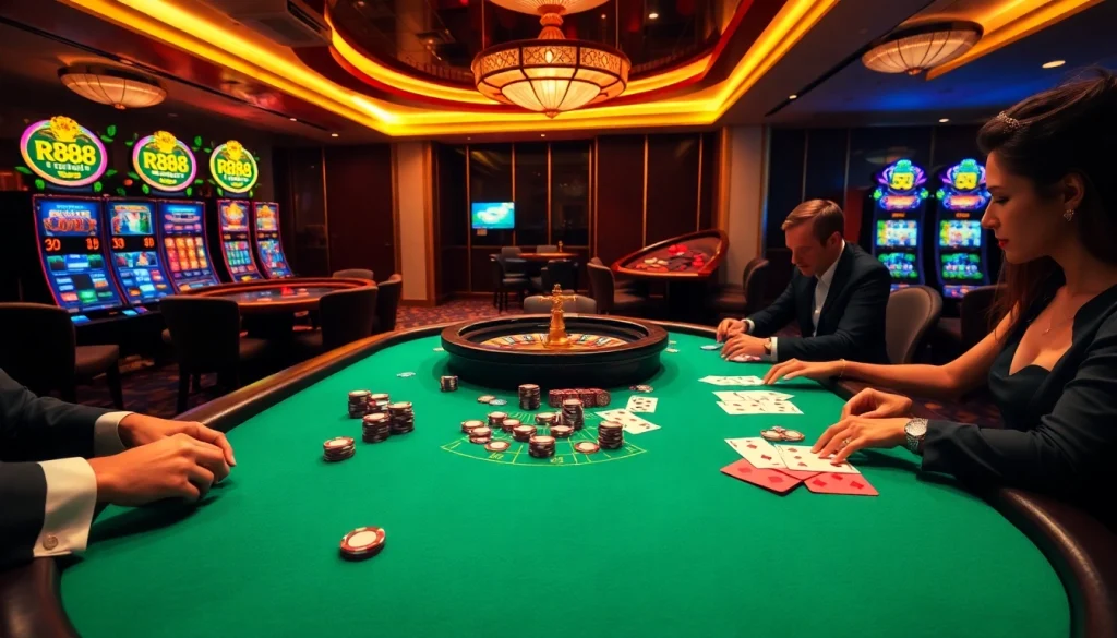 Exciting gameplay at RR88 featuring poker chips and colorful slot machines, capturing the thrill of online gambling.