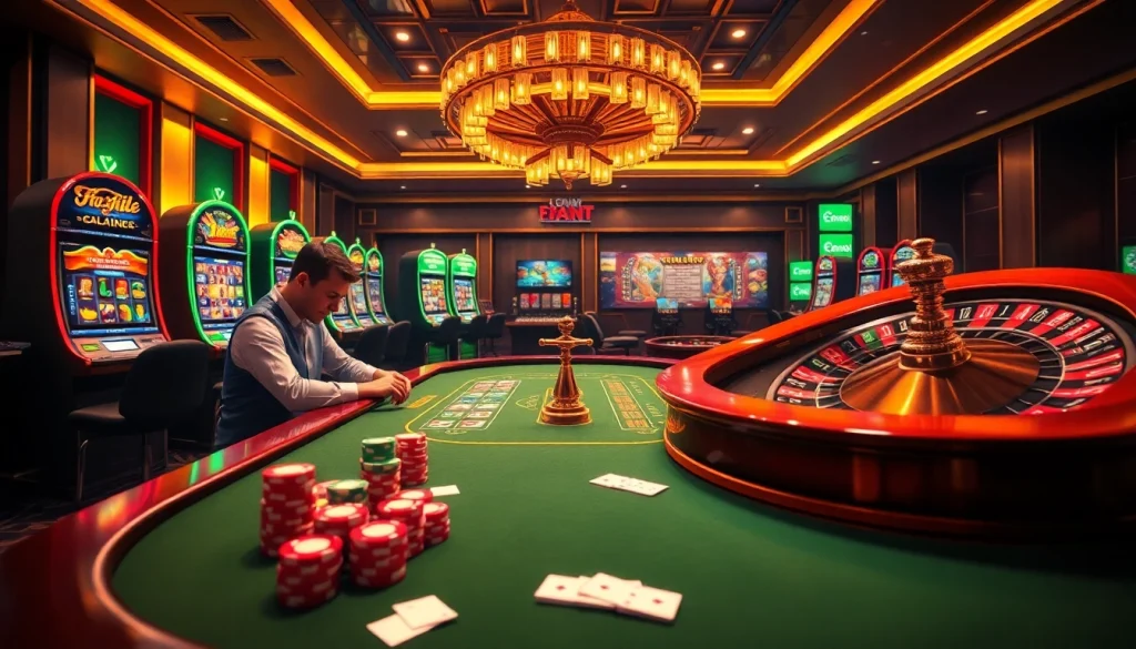 Engage in thrilling gambling adventures with đánh giá nhà cái SHBET showcasing poker tables and roulette.