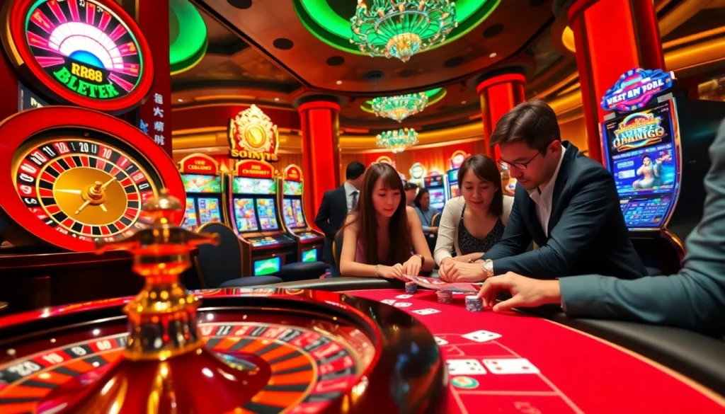 Players enjoying a thrilling gambling experience at RR88 casino, featuring roulette, slots, and poker.