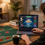 Player enjoying a thrilling VNLOTO gaming session on a laptop at home, showcasing strategic engagement.