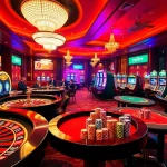 Exciting gaming scene at TG777 with vibrant roulette, poker tables, and slot machines.