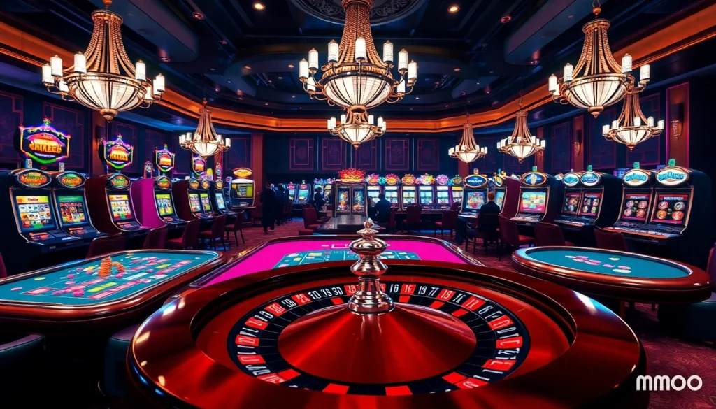 Exciting gaming atmosphere at MMOO casino showcasing vibrant tables and slot machines.